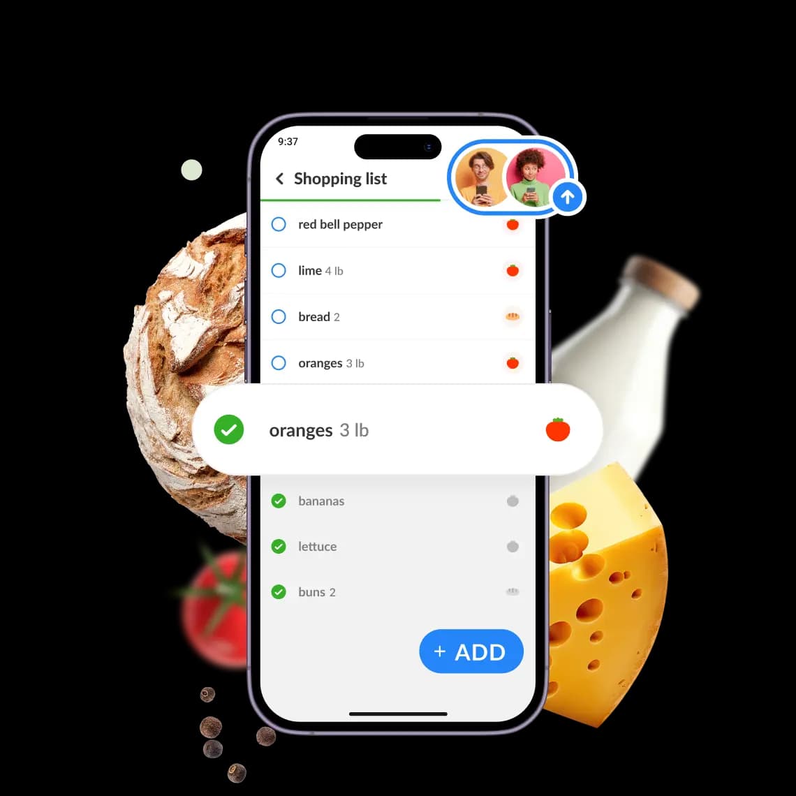 Listonic app interface shown on a phone screen.